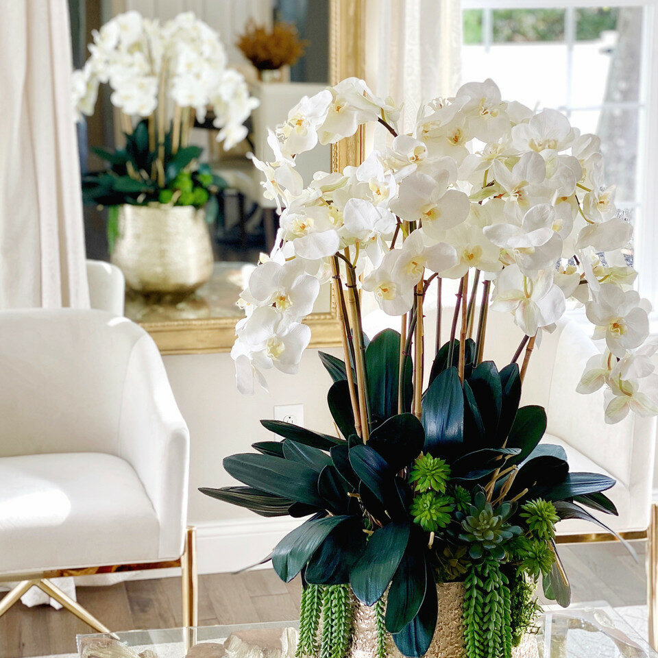 Delaney Vase in Gold with Multiple Phalaenopsis Orchid Stems and Succulents