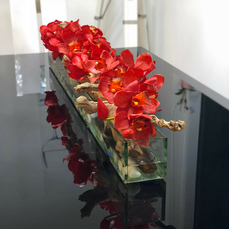 Modern Glass Plant Pot 'Modern Home' 122 cm with Red Cymbidiums