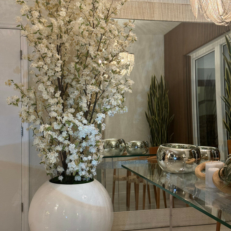 30' Glossy White Globe Vase with White Cherry Blossom Branches