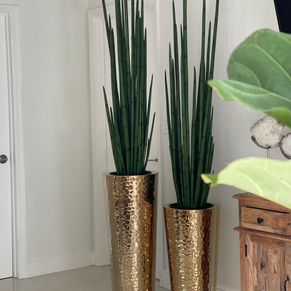 Conical Vase made of Gold-Colored Stainless Steel with Large Snake Grass